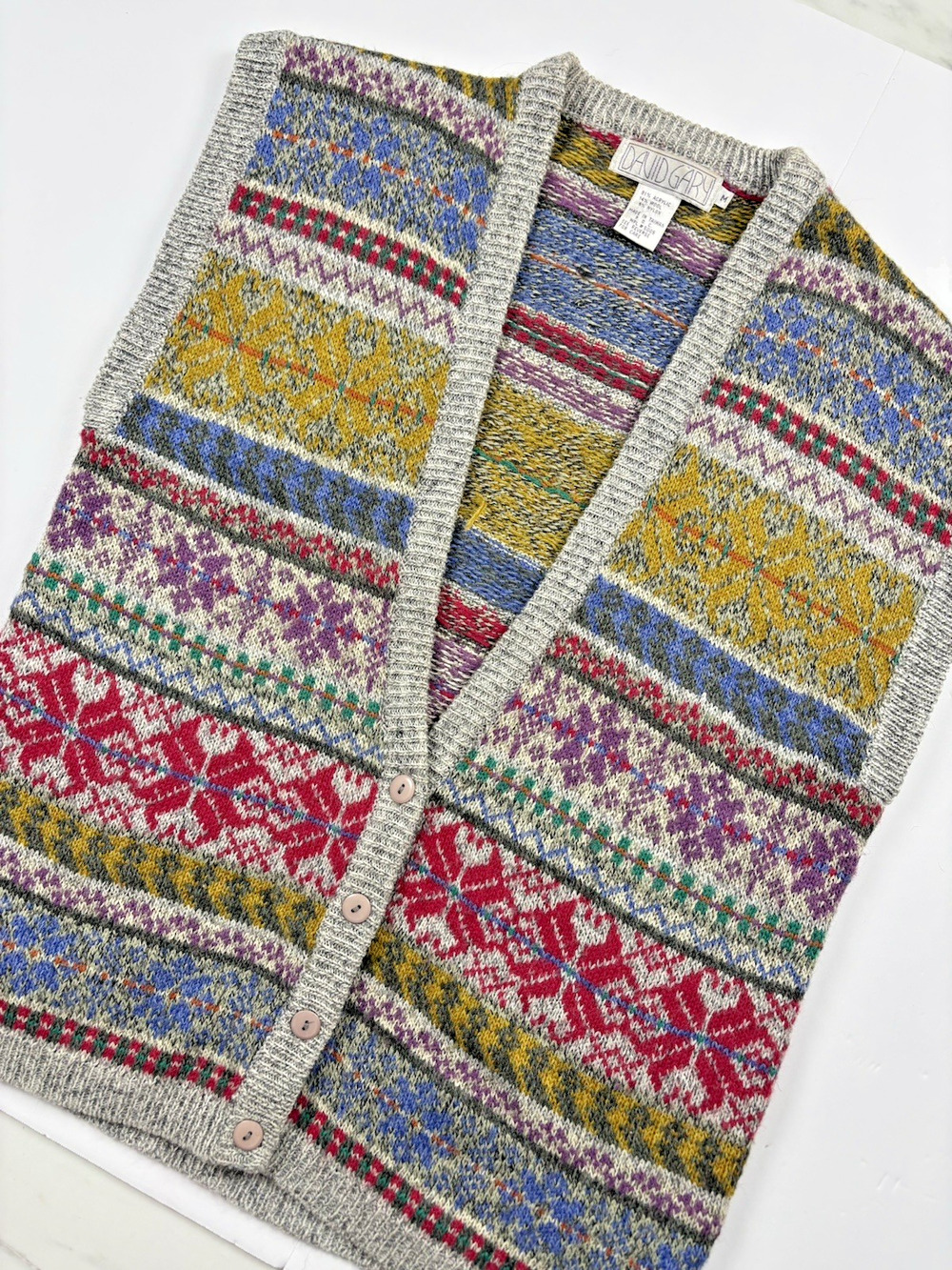 VTG David Gary Fair Isle Knit Sweater Vest Womens Size Medium Multicolor Boho